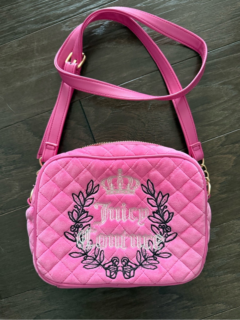 Juicy Couture Royal Pink Velour Quilted Crossbody Camera Bag w Embroidered Logo